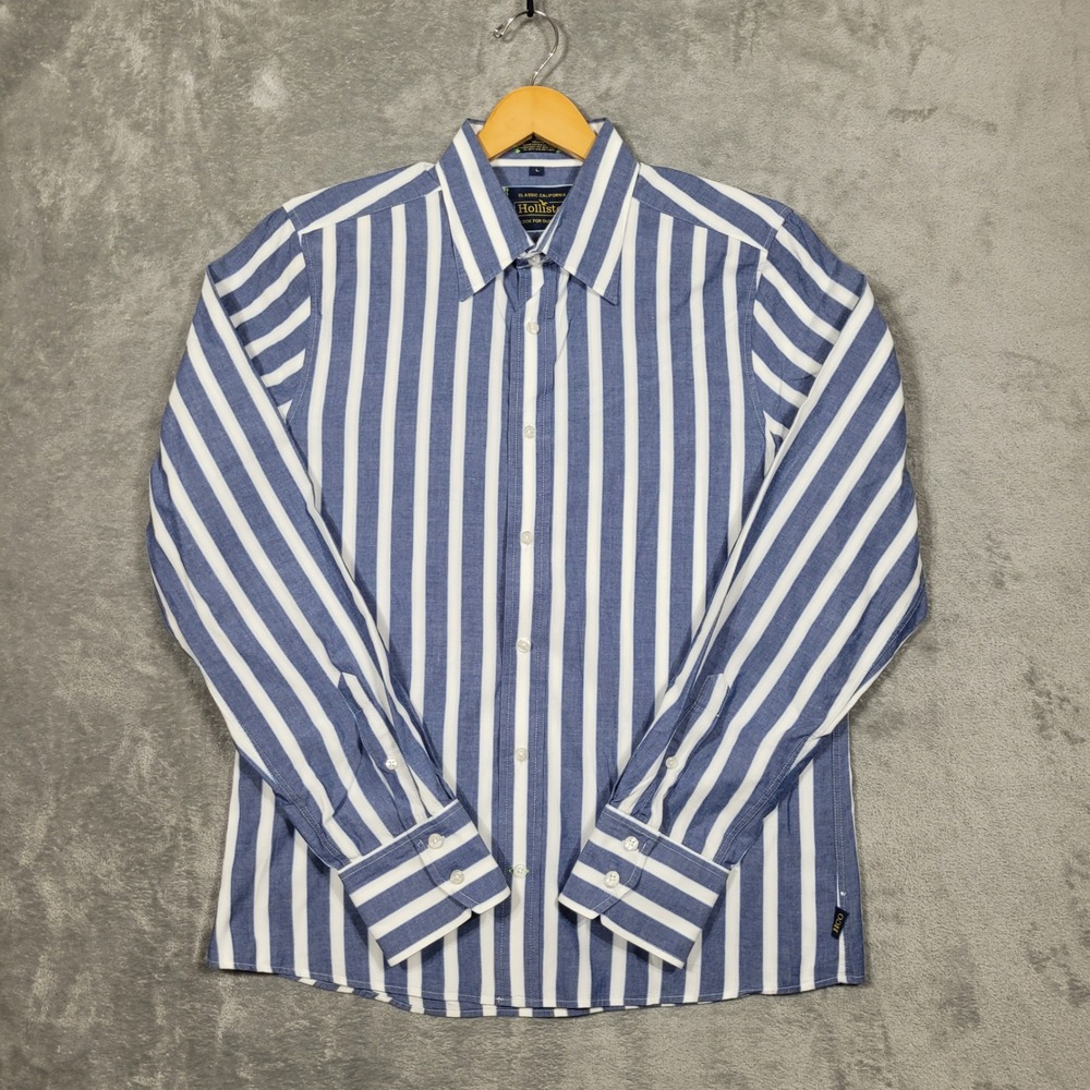 Vintage Hollister Shirt Mens Large Blue White Vertical Stripe Button Up Y2K